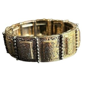 Etched Gold and Silver Accent Bracelet 1" Wide Stretchy Bracelet